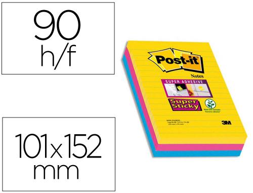 Papeterie Scolaire : Bloc-notes post-it super sticky ligné 101x152mm 90f coloris rio assortis lot 3 blocs